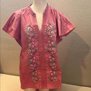 Pink Embellished Blouse with Mandarin Collar and Short Sleeves